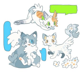 animal animal_focus blue_eyes cat chinese_commentary colored_eyelashes commentary_request flower green_eyes grey_cat grey_fur highres millet626 no_humans open_mouth orange_fur original pawpads simple_background sitting speech_bubble tabby_cat thick_lineart warrior_cats white_background white_cat white_flower white_fur