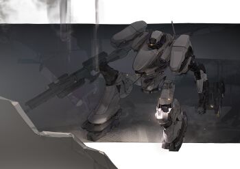 armored_core armored_core_vi:_fires_of_rubicon assault_rifle full_body gun highres holding holding_gun holding_weapon loader_4 mecha mecha_focus no_humans one-eyed rifle riio robot rubble science_fiction standing weapon yellow_eyes
