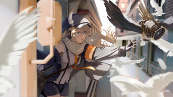 0gen3_illust 1girl armband bag bird black_gloves blonde_hair blue_hat blue_jacket blue_shorts brick_wall character_request commentary_request copyright_request cowboy_shot crossed_bangs fingerless_gloves gloves grey_scarf grey_shirt hat hat_feather headphones highres jacket leaning_forward long_sidelocks looking_at_animal medium_hair necktie on_train orange_armband orange_necktie outstretched_arms radio scarf shirt short_shorts shorts shoulder_bag sidelocks single_off_shoulder sleeveless sleeveless_shirt solo suspenders white_bird window