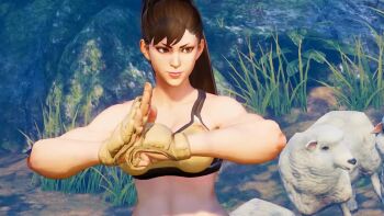 1girl 3d alternate_costume alternate_hairstyle animated ass audible_speech bare_hips bare_legs bra breasts brown_eyes brown_hair capcom chun-li curvy english_audio female_focus fingerless_gloves game_screenshot gloves high_ponytail large_breasts matching_hair/eyes navel outdoors panties ponytail shoes sneakers solo sound sports_bikini sports_bra sportswear street_fighter street_fighter_v subtitled thick_thighs thighs underwear video video_game_screencap wide_hips yellow_bra yellow_gloves yellow_panties