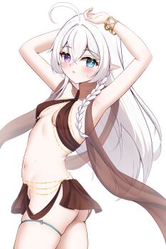 1girl absurdres ahoge armpits arms_up ass bangle blue_eyes blush bracelet braid breasts commission cowboy_shot dancer from_side hair_between_eyes heterochromia highres jewelry knosdeba long_hair navel original parted_lips pointy_ears purple_eyes skindentation small_breasts solo sweat thigh_strap variant_set white_hair