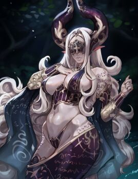 1girl akira_raikou arm_tattoo asymmetrical_skirt blindfold breasts collared_halterneck commentary corset demon_girl demon_horns english_commentary fingernails gold_trim halftone_shadow hand_on_own_chest highleg highres horn_ornament horns large_breasts leaf leg_tattoo light_particles night original outdoors pale_skin parted_bangs pointy_ears sharp_fingernails solo tail tattoo thick_lips very_long_tail wavy_hair white_hair