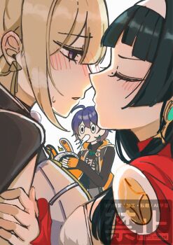 1other 3girls astra_yao bangboo_(zenless_zone_zero) belle_(zenless_zone_zero) black_coat black_eyes black_hair black_shirt blonde_hair blue_eyes blue_hair breasts closed_eyes coat coat_on_shoulders covering_another&#039;s_eyes earrings eous_(zenless_zone_zero) evelyn_chevalier hair_between_eyes hairband hand_on_another&#039;s_arm highres imminent_kiss jacket jewelry kin_prpr17 long_hair looking_at_another mole multiple_girls necklace purple_eyes red_jacket red_shrug shirt short_hair shrug_(clothing) sleeveless sleeveless_jacket surprised sweat uneven_bangs white_background white_hairband yuri zenless_zone_zero