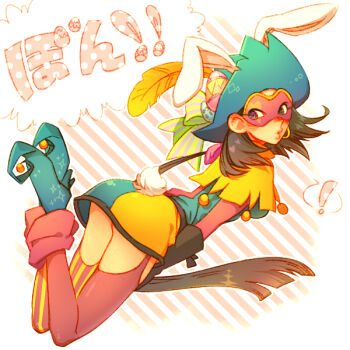 ! 1girl animal_ears black_hair blue_hat clopin earrings egg_hair_ornament eye_mask food-themed_hair_ornament full_body garter_straps genderswap genderswap_(mtf) gypsy hair_ornament hat jester_costume jewelry kiri_futoshi mask pointy_shoes rabbit_ears rabbit_tail shoes single_earring solo speech_bubble spoken_exclamation_mark striped_background tail the_hunchback_of_notre_dame_(disney) thighhighs translation_request