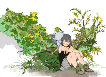 1girl artist_name closed_eyes closed_mouth commentary_request demizu_posuka grey_hair horns original pleated_skirt pointy_ears short_hair skirt tail wings