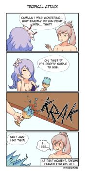 1boy 1girl 4koma bikini broken_glass camilla_(fire_emblem) camilla_(tropical_beauty)_(fire_emblem) closed_eyes comic fire_emblem fire_emblem_fates fire_emblem_heroes flower glass grey_hair hair_flower hair_ornament hair_over_one_eye hand_on_own_cheek hand_on_own_face nervous nervous_sweating nintendo one_eye_covered orange_eyes pointing purple_hair shirtless_male simple_background speech_bubble sweat swimsuit wingedwasabi