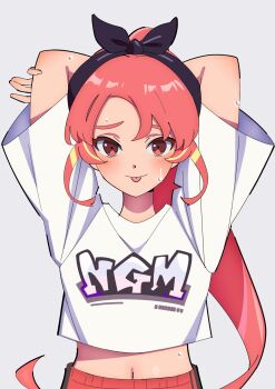 1girl arms_behind_head arms_up blonde_hair hairband inazuma_eleven_(series) inazuma_eleven_victory_road looking_at_viewer multicolored_hair navel ponytail red_hair sakura_1110ssmm shinohara_raika shirt simple_background solo sweatdrop t-shirt tongue tongue_out twitter two-tone_hair upper_body white_background