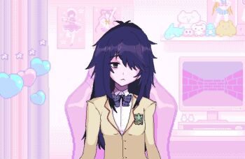 1girl ame-chan_(needy_girl_overdose) bags_under_eyes chaos;head commentary covering_one_eye english_commentary hair_over_one_eye kuurikona needy_girl_overdose nishijou_takumi school_uniform science_adventure self-upload solo