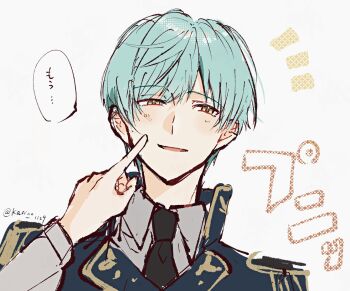 Rule 34 | 1boy, 1girl, aqua hair, black necktie, blue jacket, blush, cheek poking, collared jacket, collared shirt, female pov, female saniwa (touken ranbu), grey shirt, happy, highres, ichigo hitofuri, jacket, kasino 1129, light smile, male focus, necktie, parted lips, poking, popped collar, portrait, pov, pov hands, saniwa (touken ranbu), shirt, short hair, shy, simple background, solo focus, speech bubble, touken ranbu, twitter username, white background, yellow eyes