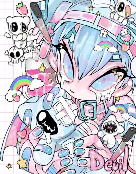 1boy amatou_akuma angel_wings animal_ear_hat animal_ears bandages bandaid bandaid_on_arm bandaid_on_face bandaid_on_finger bandaid_on_forehead bandaid_on_hand bandaid_on_object bare_shoulders bat_wings beanie belt belt_buckle belt_collar blood blood_bag bloody_knife bloody_weapon blue_buckle blue_eyes blue_hair blue_hat blue_nails blue_shirt blue_theme blue_wings bone bucket buckle closed_mouth cloud collar colorful crossed_bandaids crying crying_with_eyes_open demon demon_boy demon_wings detached_wings doll dripping ear_piercing earrings eyelashes eyepatch eyeshadow flower food food-themed_hair_ornament fruit gradient_eyes hair_between_eyes hair_flower hair_ornament hat heart heart_in_eye highres holding holding_stuffed_toy hoop_earrings injury intravenous_drip jewelry knife leash looking_at_viewer looking_up makeup male_focus medical_eyepatch mini_wings multicolored_eyes nail_polish original piercing pink_belt pink_eyes pink_straps portrait purple_eyes purple_eyeshadow rainbow rainbow_hair_ornament rainbow_order shirt short_hair skull skull_and_crossbones sleeveless sleeveless_shirt solo sparkle star_(symbol) strawberry strawberry_hair_ornament streaming_tears stuffed_animal stuffed_toy symbol_in_eye tank_top tears upper_body weapon white_flower wings