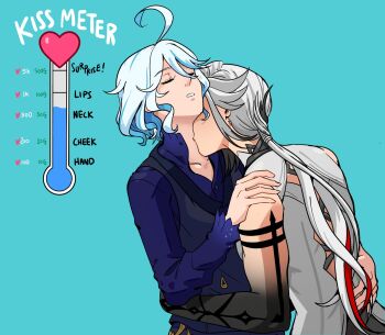 2girls ahoge arlecchino_(genshin_impact) black_hands black_streaks black_vest blue_background blue_hair blush closed_eyes colored_extremities colored_inner_hair commentary english_commentary english_text furina_(genshin_impact) genshin_impact hand_on_another&#039;s_shoulder hand_on_another&#039;s_waist heart highres kiss kiss_meter_(meme) kissing_neck long_hair meme multicolored_hair multiple_girls parted_lips purple_shirt reese_(ordinaryreese) shirt simple_background vest white_hair yuri