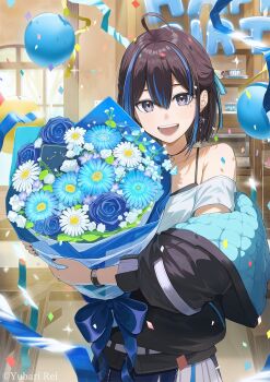 1girl :d ahoge balloon birthday black_jacket blue_flower blue_streaks bouquet brown_hair character_name confetti earrings flower grey_eyes happy_birthday highres holding holding_bouquet hz_(helu_2) indie_virtual_youtuber indoors jacket jewelry medium_hair off_shoulder open_mouth shirt smile solo upper_body virtual_youtuber white_flower white_shirt yubari_rei