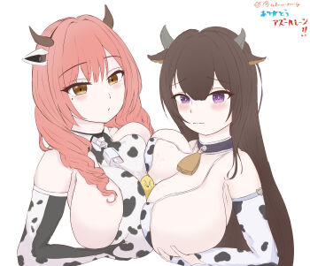 2girls absurdres animal_ears animal_print azur_lane bell bikini blush breast_press breasts brown_hair closed_mouth commentary_request cow_ears cow_horns cow_print cow_print_bikini cow_print_gloves cowbell cowpens_(azur_lane) cropped_torso drill_hair fake_animal_ears fake_horns gloves highres horns huge_breasts kashino_(azur_lane) kashino_(fresh_and_sweet)_(azur_lane) long_hair looking_at_viewer manjuu_(azur_lane) medium_hair mole mole_under_eye multiple_girls neck_bell pink_hair print_bikini print_gloves purple_eyes raised_inner_eyebrows salmon-marine simple_background swimsuit symmetrical_docking white_background yellow_eyes