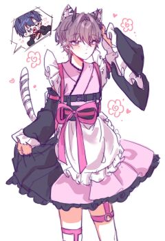 Rule 34 | 2boys, animal ears, black horns, blue hair, blush, chibi, cho kaguya-hime!, closed mouth, commentary request, crossdressing, crossdressing (mtf), detached sleeves, dress, earrings, frilled kimono, frilled sleeves, frills, gradient horns, highres, horns, japanese clothes, jewelry, kimono, komazawa noi, male focus, mikado akira (cho kaguya-hime!), multicolored horns, multiple boys, open mouth, pink eyes, pink hair, pink horns, pink kimono, ppe2sp28v0, speech bubble, tail, thigh strap, tiger ears, white background