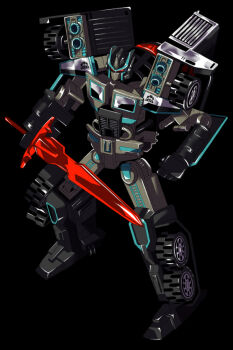 black_background decepticon humanoid_robot insignia mask mecha mouth_mask nemesis_prime pix-kome red_eyes robot science_fiction sword transformers transformers_car_robots weapon wheel