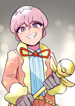 Rule 34 | 1boy, cane, collared shirt, commentary request, crossed bangs, eyelashes, gloves, gomomo00, grey eyes, grey gloves, grin, holding, holding cane, jacket, long sleeves, looking at viewer, male focus, nintendo, open clothes, open jacket, ortega (pokemon), pants, pink hair, pink jacket, pink pants, pokemon, pokemon sv, shirt, short hair, smile, solo, team star, teeth
