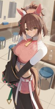 1girl absurdres animal_ears belt black_leggings blush brown_eyes brown_hair brown_tail chair crop_top dantsu_flame_(center_spotlight)_(umamusume) dantsu_flame_(umamusume) ear_covers feet_out_of_frame highres horse_ears horse_girl horse_tail indoors leggings long_hair looking_at_viewer midriff mixed-language_commentary navel ningen_gokko open_mouth pink_shirt pink_shorts ponytail shirt short_shorts shorts shrug_(clothing) solo standing sweat tail umamusume white_belt white_streaks