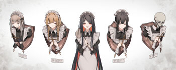 5girls :d apron black_dress black_gloves black_hair blonde_hair braid closed_eyes closed_mouth colored_inner_hair cross dress duster gloves half-closed_eyes highres holding holding_duster long_hair looking_at_viewer maid maid_apron maid_headdress multicolored_hair multiple_girls open_mouth original own_hands_clasped own_hands_together red_eyes red_hair skull smile trophy_head twin_braids two-tone_hair vampire very_long_hair zenmaibook