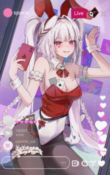 1girl absurdres alternate_costume animal_ears armband blush braid breasts card cellphone commentary detached_collar diamond_(shape) diamond_facial_mark english_text facial_mark fake_animal_ears frilled_armband frills grin heart heart_facial_mark highres holding holding_phone honkai:_star_rail honkai_(series) livestream medium_breasts nail_polish pantyhose phone pink_eyes playboy_bunny red_streaks ribbon side_braid sleeve_cuffs smartphone smile sparkle_(honkai:_star_rail) sparxie_(honkai:_star_rail) thigh_strap twintails white_hair zije