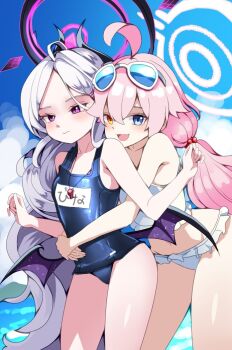 2girls ahoge bare_shoulders bikini black_halo black_horns black_wings blue-tinted_eyewear blue_archive blue_eyes blue_one-piece_swimsuit blue_sky breasts closed_mouth collarbone commentary_request day demon_girl demon_horns demon_wings eyewear_on_head fang flat_chest frilled_bikini frills hair_between_eyes hair_bobbles hair_ornament halo hands_up heterochromia hina_(blue_archive) hina_(swimsuit)_(blue_archive) horns hoshino_(blue_archive) hoshino_(swimsuit)_(blue_archive) hug hug_from_behind huge_ahoge loli long_hair looking_at_viewer low_wings multiple_girls n0_image name_tag navel ocean old_school_swimsuit one-piece_swimsuit open_mouth outdoors parted_bangs pink_hair pink_halo purple_eyes school_swimsuit skin_fang sky small_breasts smile standing swimsuit thighs tinted_eyewear twintails very_long_hair whistle whistle_around_neck white_hair wings yellow_eyes