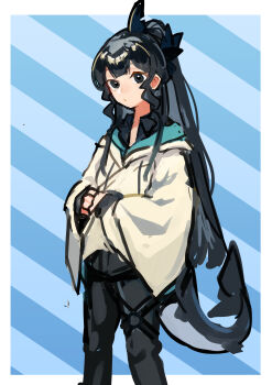 1girl absurdres artemis_of_the_blue atelier_live black_eyes black_hair border collared_shirt fins fish_tail hair_ribbon hashtag-only_commentary highres hood hood_down hoodie layered_clothes o-ring o-ring_thigh_strap ponytail ribbon seafoodisgood087 shark_fin shark_girl shark_tail shirt solo striped_background tail thigh_strap virtual_youtuber wavy_sidelocks white_border white_hoodie