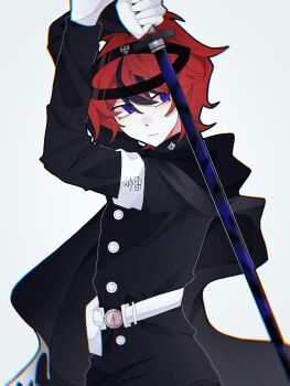 Rule 34 | 1boy, armband, belt, belt pouch, black cape, black hair, black jacket, blue eyes, buttons, cape, chinese commentary, chromatic aberration, closed mouth, commentary request, film grain, gakuran, gloves, hair between eyes, highres, holding, holding sword, holding weapon, jacket, last defense academy school uniform, long sleeves, male focus, multicolored hair, pouch, red hair, school uniform, short hair, simple background, solo, streaked hair, sumino takumi, sword, the hundred line -last defense academy-, two-tone hair, upper body, weapon, white armband, white background, white belt, white gloves, yezi shu