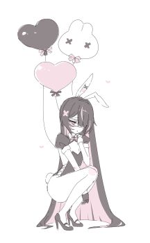 1girl animal_ears balloon black_gloves black_hair black_leotard black_shoes black_shrug colored_inner_hair commentary_request fake_animal_ears fake_tail full_body gloves hair_ornament hair_over_one_eye heart heart_balloon high_heels highres leotard long_hair looking_at_viewer multicolored_hair one_eye_covered original parted_bangs parted_lips pink_eyes pink_streaks playboy_bunny rabbit_ears rabbit_tail shoes short_sleeves shrug_(clothing) simple_background sketch solo squatting strapless strapless_leotard streaked_hair tail very_long_hair white_background x_hair_ornament yu_o015