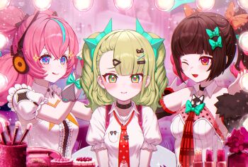 3girls absurdres alternate_hairstyle angels_of_delusion aqua_hair aqua_streaks aria_(zenless_zone_zero) bandaid bandaid_hair_ornament bare_shoulders black_sleeves blue_eyes bow bowtie breasts bridal_gauntlets center_frills checkered_necktie closed_mouth collar collarbone colored_inner_hair commentary crossed_bangs detached_sleeves dress frilled_sleeves frills fur-trimmed_sleeves fur_trim green_bow green_bowtie green_eyes green_hair hair_between_eyes hair_bow hair_ornament heart heart_hair_ornament highres looking_at_another multicolored_hair multiple_girls multiple_hair_bows multiple_hair_clips nangong_yu necktie one_eye_closed open_mouth pink_bag pink_hair red_eyes red_nails red_necktie shirt short_twintails small_breasts streaked_hair sunna_(zenless_zone_zero) symbol-only_commentary tongue tongue_out twintails white_bridal_gauntlets white_dress white_shirt white_wings winged_bag wings yamisroot zenless_zone_zero