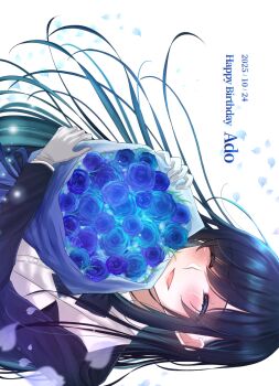 Rule 34 | 1girl, ado (utaite), black hair, blue flower, blue hair, blue rose, blush, bouquet, chando (ado), colored inner hair, commentary request, crying, dated, dress shirt, english text, falling flower, floating hair, flower, gloves, happy birthday, highres, holding, holding bouquet, long hair, mole, mole under eye, multicolored hair, open mouth, rose, shirt, shoko (gs music11), sideways, simple background, solo, white background, white gloves, white shirt