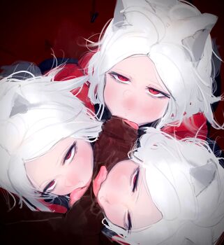 1boy 3girls bluesmilebird cerberus_(helltaker) cooperative_fellatio dark-skinned_male dark_skin fellatio helltaker highres licking licking_penis multiple_girls non-web_source oral penis red_eyes teamwork_(sexual) white_hair