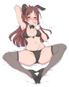 Rule 34 | 1girl, absurdres, animal ears, antenna hair, arm up, ass, bed sheet, bikini, black bikini, black bow, black bowtie, black footwear, black thighhighs, blush, bow, bowtie, breasts, breasts apart, brown hair, detached collar, detached sleeves, earrings, fake animal ears, front-tie top, full body, high heels, highres, idolmaster, idolmaster cinderella girls, jewelry, looking at viewer, lying, medium breasts, navel, nose blush, on back, rabbit ears, red eyes, solo, spread legs, stud earrings, sweatdrop, swimsuit, thighhighs, tsujino akari, wasabijoyu76, wrist cuffs