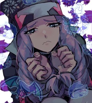 1boy beanie black_hat blue_coat blue_eyes bright_pupils closed_mouth coat diamond_clan_outfit fuji_den_fujiko gen_1_pokemon gen_4_pokemon hat highres hood hooded_jacket jacket long_hair looking_at_viewer male_focus melli_(pokemon) nintendo pokemon pokemon_(creature) pokemon_legends:_arceus purple_hair simple_background skorupi skuntank tearing_up upper_body white_background white_pupils zubat