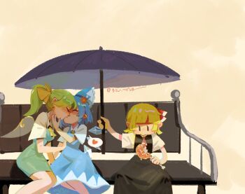 3girls ascot bench black_dress black_vest blonde_hair blue_bow blue_dress blue_hair blunt_bangs blush bow breasts chicken_(food) chicken_leg chinese_commentary cirno closed_eyes commentary_request daiyousei dress eating fairy_wings food green_hair grmarsa guy_holding_umbrella_over_kissing_couple_(meme) hair_bow hair_ribbon hand_on_another's_chest heart highres holding holding_umbrella ice ice_wings kiss looking_at_food looking_down medium_breasts meme multiple_girls ponytail red_ascot red_ribbon ribbon rumia shirt short_sleeves side_ponytail sitting small_breasts spoken_heart third_wheel touhou twitter_username umbrella undershirt vest white_shirt wings yellow_bow yuri |_|