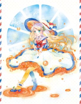 1girl ankle_cuffs ankle_garter aqua_eyes bad_id bad_pixiv_id bow bubble character_name dress dress_tug earrings female_focus finger_to_mouth flower gradient_hair hair_flower hair_ornament harutou_(ticta) hat hat_bow high_heels index_finger_raised jewelry leaf multicolored_hair orange_hair orange_pantyhose orangina original painting_(medium) pantyhose personification pillarboxed puddle sailor_dress solo sun_hat traditional_media watercolor_(medium) wind wrist_cuffs