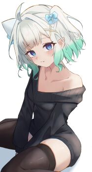 Rule 34 | 1girl, absurdres, ahoge, alternate costume, aqua hair, black shirt, black thighhighs, blue eyes, blush, breasts, closed mouth, commentary, densetsu.exe, english commentary, fang, gradient hair, highres, immakms zzz, looking at viewer, medium hair, mint fantome, multicolored hair, pointy ears, shirt, skin fang, small breasts, solo, thighhighs, virtual youtuber, white hair