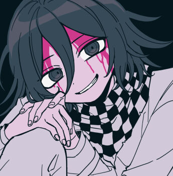 Rule 34 | 1boy, black background, black eyes, black hair, bleeding, blood, blood on face, checkered clothes, checkered scarf, commentary request, danganronpa (series), danganronpa v3: killing harmony, flipped hair, grin, hair between eyes, hands on own knees, highres, injury, knee up, long sleeves, looking at another, male focus, milk o, oma kokichi, pink blood, portrait, ringed eyes, scarf, short hair, smile, solo, teeth, two-tone scarf