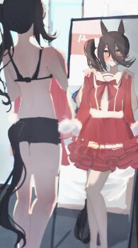 Rule 34 | 1girl, alternate hairstyle, animal ears, black bra, black hair, black skirt, blush, bra, closed mouth, commentary request, hair between eyes, hair ornament, hair scrunchie, highres, holding, holding unworn clothes, horse ears, horse girl, horse tail, indoors, long bangs, long hair, looking at mirror, loosely tucked bangs, manhattan cafe (umamusume), miniskirt, mirror, off-shoulder sweater, off shoulder, ponytail, scrunchie, side ponytail, skirt, sll80jodo758038, solo, standing, sweater, tail, umamusume, underwear, unworn sweater, yellow eyes, yellow sweater