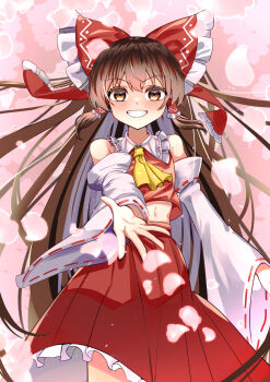 1girl absurdres ascot bare_shoulders bow brown_eyes brown_hair commentary detached_sleeves falling_petals frilled_bow frilled_hair_tubes frilled_skirt frills grin hair_bow hair_tubes hakurei_reimu heaven4014 highres long_hair looking_at_viewer midriff navel nontraditional_miko petals reaching reaching_towards_viewer red_bow red_shirt red_skirt reitaisai ribbon-trimmed_sleeves ribbon_trim shirt skirt sleeveless sleeveless_shirt smile solo teeth touhou wide_sleeves yellow_ascot