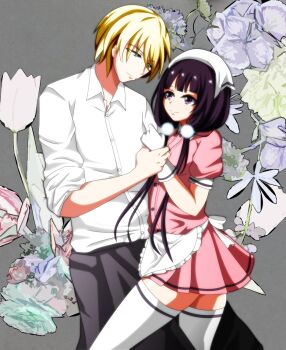 1boy 1girl black_hair blend_s blonde_hair dino_(blend_s) dress flower highres pink_dress sakuranomiya_maika socks white_socks