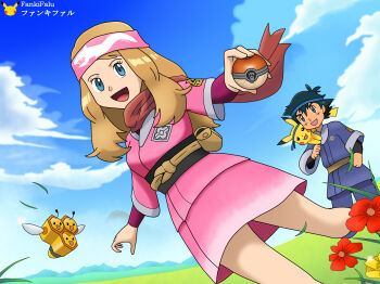 Rule 34 | 1boy, 1girl, ahoge, alternate costume, artist name, ash ketchum, bandana, black hair, blonde hair, blue eyes, breasts, combee, day, eyelashes, fankifalu, fanny pack, field, flower, flower field, galaxy expedition team survey corps uniform, gen 1 pokemon, gen 4 pokemon, highres, holding, holding poke ball, japanese clothes, long hair, long sleeves, looking at viewer, low-tied long hair, mountainous horizon, nature, nintendo, obi, on shoulder, open mouth, outdoors, outstretched arms, pikachu, poke ball, pokemon, pokemon (anime), pokemon (creature), pokemon legends: arceus, pokemon on shoulder, pokemon xy (anime), red scarf, sash, scarf, serena (pokemon), short hair, sidelocks, sky, small breasts, swept bangs, thighs, wavy hair, wide sleeves