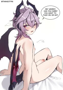 1boy absurdres blush completely_nude dragon_boy dragon_horns dragon_tail dragon_wings english_text erection genshin_impact hair_between_eyes highres horns looking_at_viewer male_focus mini_durin_(genshin_impact) mini_durin_(human)_(genshin_impact) nipples nude open_mouth penis purple_hair red_eyes shadow sitting solo speech_bubble tail tiningot196 trap twitter_username uncensored white_background wings