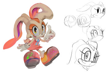 1girl :d absurdres animal_ears animal_nose cream_the_rabbit dated_commentary dress furry furry_female gloves highres index_finger_raised leaning_forward looking_at_viewer open_mouth orange_eyes orange_fur rabbit_ears rabbit_girl red_dress red_shoes shoes short_tail simple_background sketch_inset sleeveless sleeveless_dress smile socks sonic_(series) tail very_long_ears white_background white_gloves white_socks winpuss