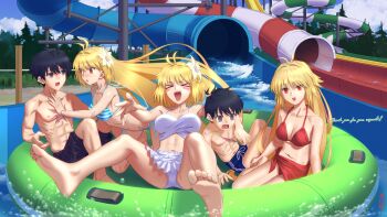 Rule 34 | > <, 2boys, 3girls, :d, abs, ahoge, alternate costume, archetype earth, arcueid brunestud, arcueid brunestud (mooncancer), arm around shoulder, ass, barefoot, bikini, black eyes, black hair, blonde hair, blue bikini, blush, blush stickers, breasts, collarbone, commentary request, fate/grand order, fate (series), feet, flower, hair flower, hair intakes, hair ornament, hand on another's chest, highres, huge breasts, long hair, male swimwear, multiple boys, multiple girls, multiple persona, nanaya shiki, okuribi, open mouth, pool float, red bikini, scar, scar on chest, short hair, smile, spread legs, surprised, swim trunks, swimsuit, toes, tohno shiki, tsukihime, tsukihime (remake), very long hair, water, water slide