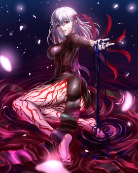 arm_up ass breasts dark_sakura fate/stay_night fate_(series) full_body gyoza_(pi512126) heaven's_feel highres liquid looking_at_viewer lying matou_sakura on_side purple_hair red_eyes sideboob solo