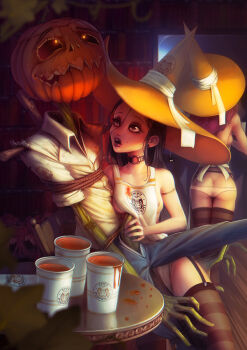 Rule 34 | 1boy, 2girls, apron, areola slip, ass, biting own lip, black hair, black thighhighs, bound, bound arms, breasts, choker, coffee, commentary, earrings, english commentary, femdom, garter straps, handjob, hat, hetero, highres, jewelry, krakenkatz, long hair, medium breasts, monster, multiple girls, open mouth, original, panties, pants, pumpkin head, rolling eyes, scarecrow, striped clothes, striped thighhighs, thighhighs, underwear, white panties, witch hat