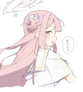 1girl :o blue_archive blue_halo blush breasts capelet commentary flower from_side gradient_halo hair_between_eyes hair_bun hair_flower hair_ornament halo long_hair looking_at_viewer medium_breasts mika_(blue_archive) multicolored_halo open_mouth orange_eyes pink_hair pink_halo purple_flower sailor_collar shirt sidelocks simple_background single_hair_bun single_side_bun solo speech_bubble standing star_(symbol) straight_hair tntl_nemui translated upper_body white_background white_capelet white_sailor_collar white_shirt yellow_trim