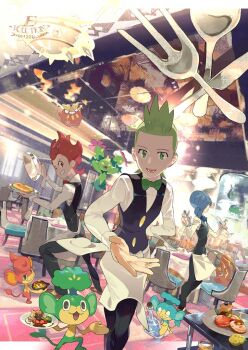 3boys black_pants black_vest blue_eyes blue_hair butler chili_(pokemon) cilan_(pokemon) cress_(pokemon) cup e_volution gen_5_pokemon green_eyes green_hair group_picture holding holding_cup holding_plate male_focus monkey multiple_boys nintendo panpour pansage pansear pants plate pokemon pokemon_bw red_eyes red_hair shirt short_hair table vest white_shirt