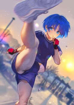 1girl bad_tag blue_hair kicking matsubara_aoi otsudou shoes short_hair sneakers tagme to_heart to_heart_(series)