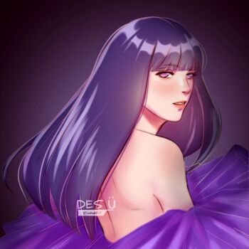 Rule 34 | 1girl, bare shoulders, blunt bangs, commentary, english commentary, from side, highres, hyuuga hinata, iamdslr, long hair, looking at viewer, naruto (series), naruto shippuuden, parted lips, purple eyes, purple hair, red lips, solo, upper body, watermark