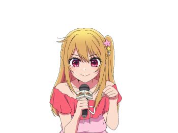 1girl absurdres animated animated_gif bare_shoulders blonde_hair blush breasts closed_mouth collarbone dot_nose dress female_focus flat_chest hair_ornament highres holding holding_microphone hoshino_ruby long_hair looking_at_viewer microphone no_bra open_mouth oshi_no_ko pink_dress red_eyes sexually_suggestive side_ponytail simple_background sleeveless sleeveless_dress small_breasts smile solo solo_focus star-shaped_pupils star_(symbol) star_hair_ornament star_in_eye symbol-shaped_pupils symbol_in_eye teeth white_background